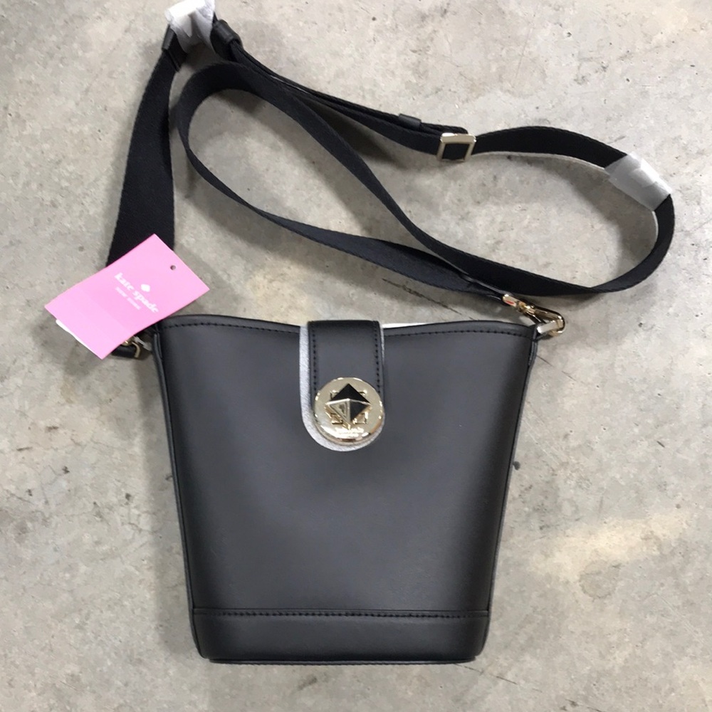 kate spade Black Leather Crossbody Bucket Bag with Gold Accent